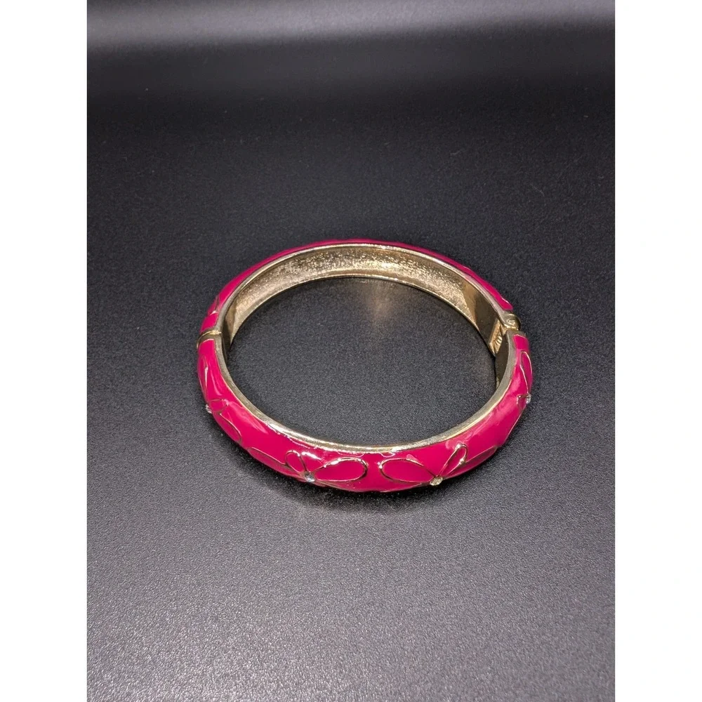Pink Enamel Gold Tone Hinged Bangle Bracelet Floral Rhinestone Costume Jewelry